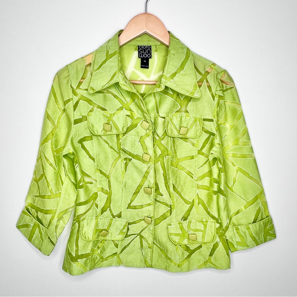 Clara Sun Woo Mesh Cutout Blazer Sz XS Lime Green 3/4 Sleeve Sheer Lightweight